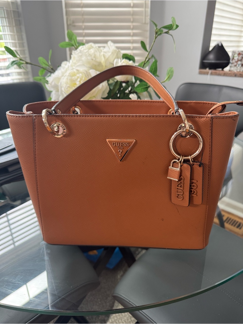 GUESS Cognac Saffiano Leather Tote with Gold Hardware
